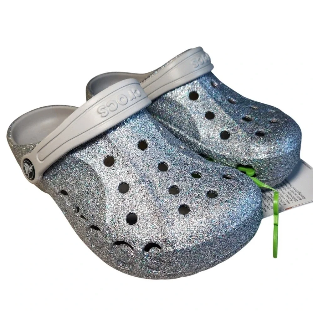 CROCS Baya Clogs Shoes Youth J2 Silver‎ Glitter Sandals Slip-ons Slides NEW